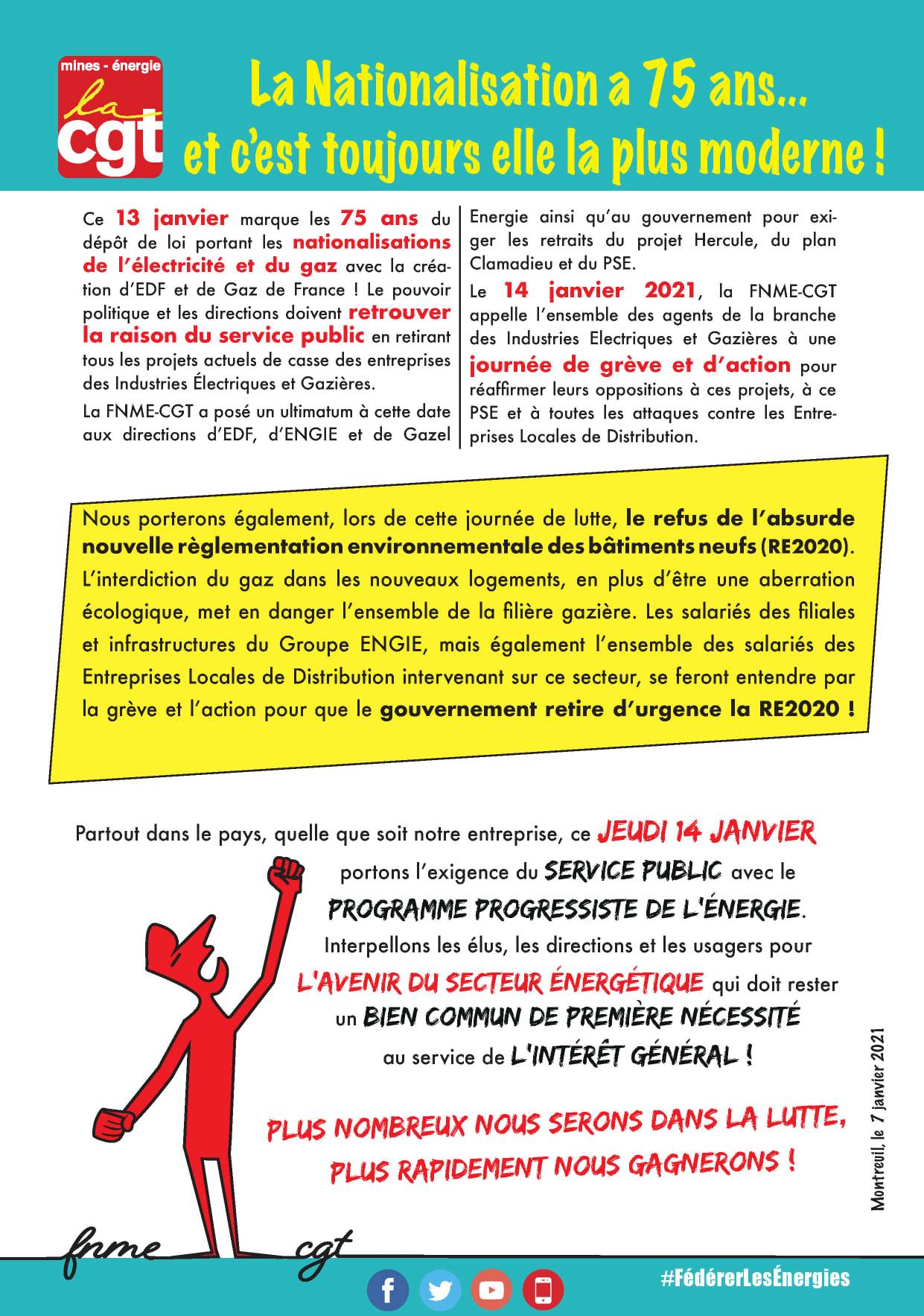 Mobilisation du secteur de l'énergie les 14 19 et 21 janvier 2021